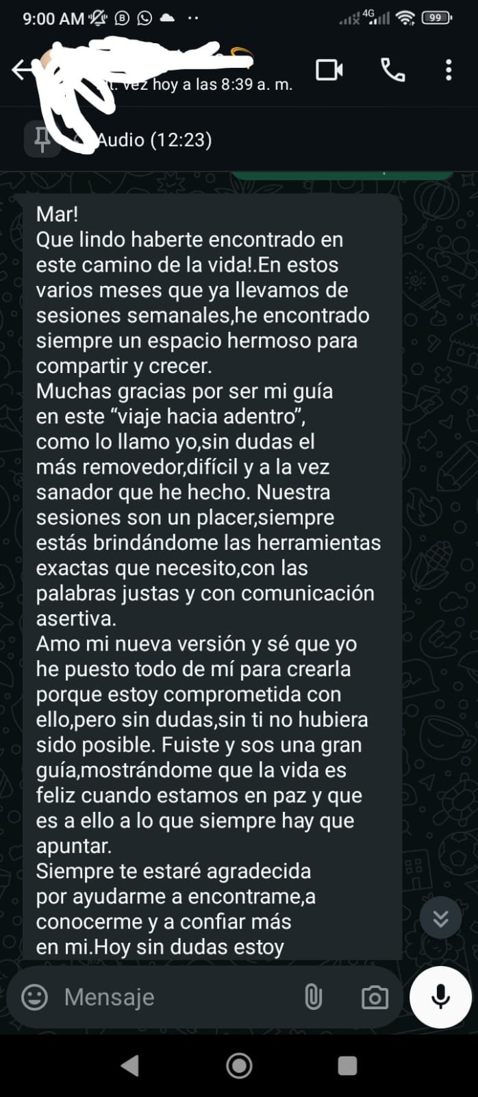 Mensaje real de WhatsApp de una paciente agradeciendo su proceso de terapia