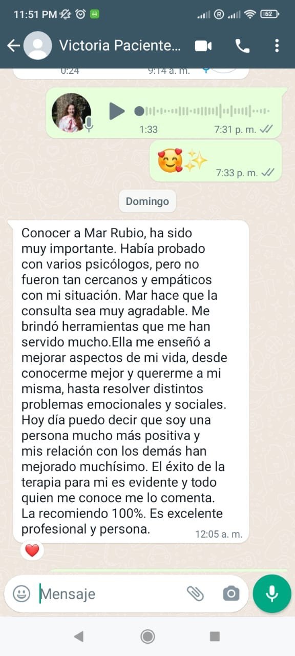 Mensaje real de WhatsApp de una paciente sobre su bienestar después de la terapia