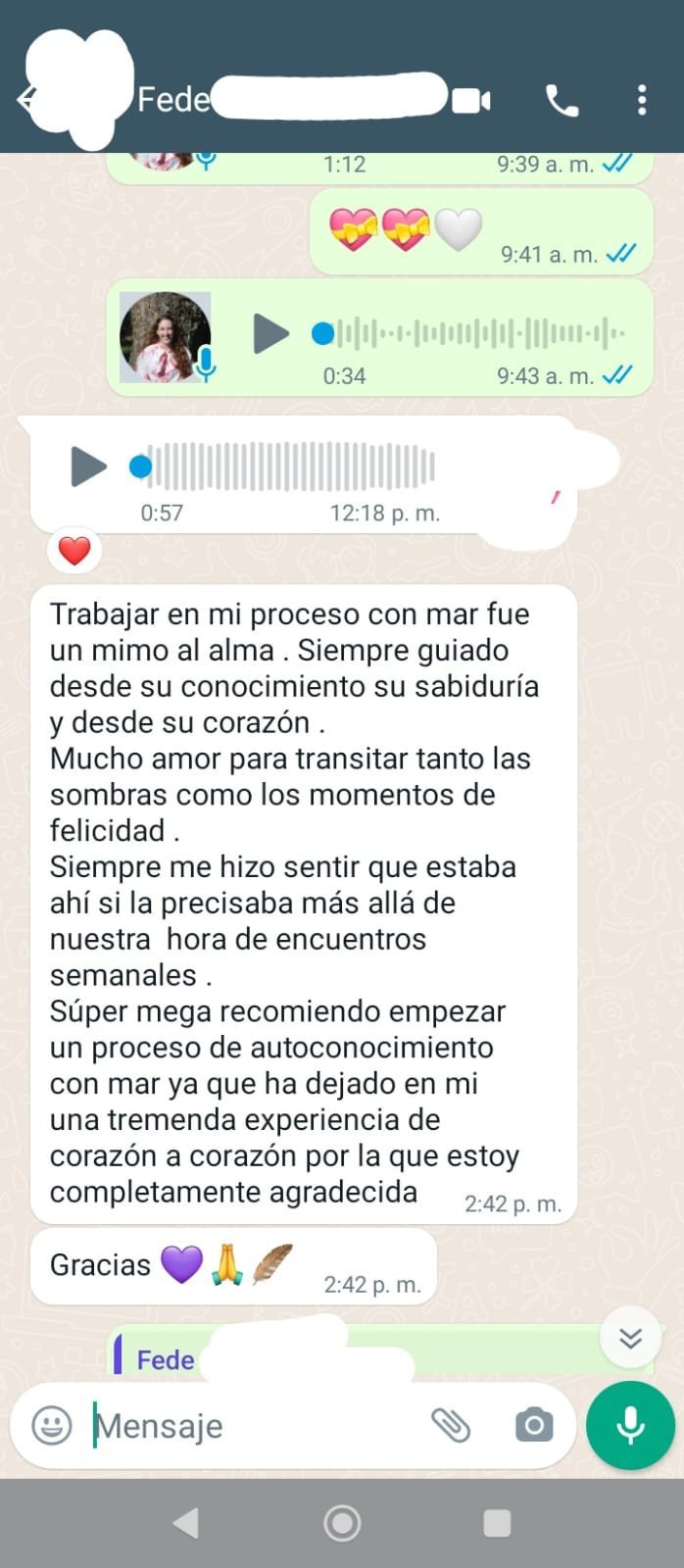 Mensaje real de WhatsApp de una paciente sobre su cambio en terapia