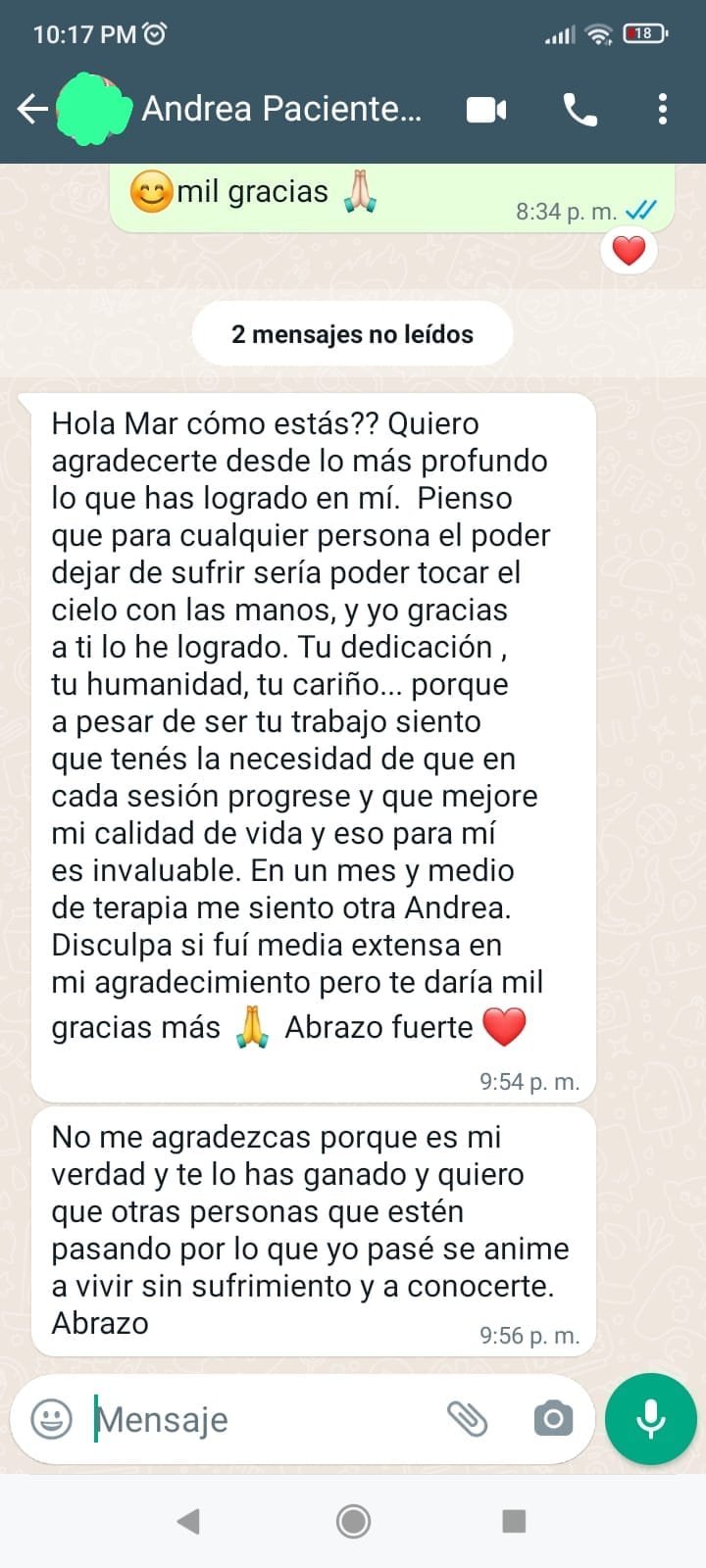 Mensaje real de WhatsApp de un paciente sobre los resultados de la terapia