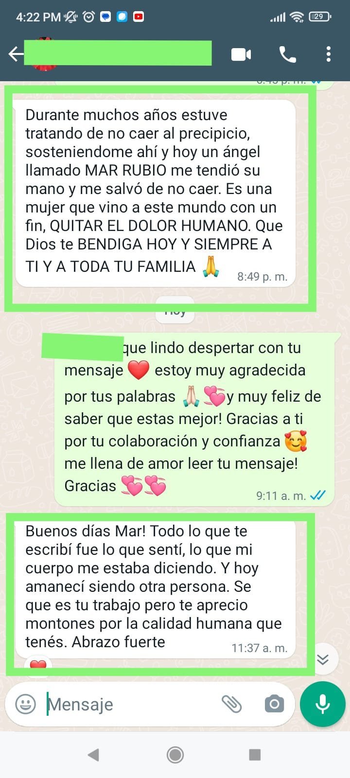 Mensaje real de WhatsApp de una paciente sobre el Método AMar